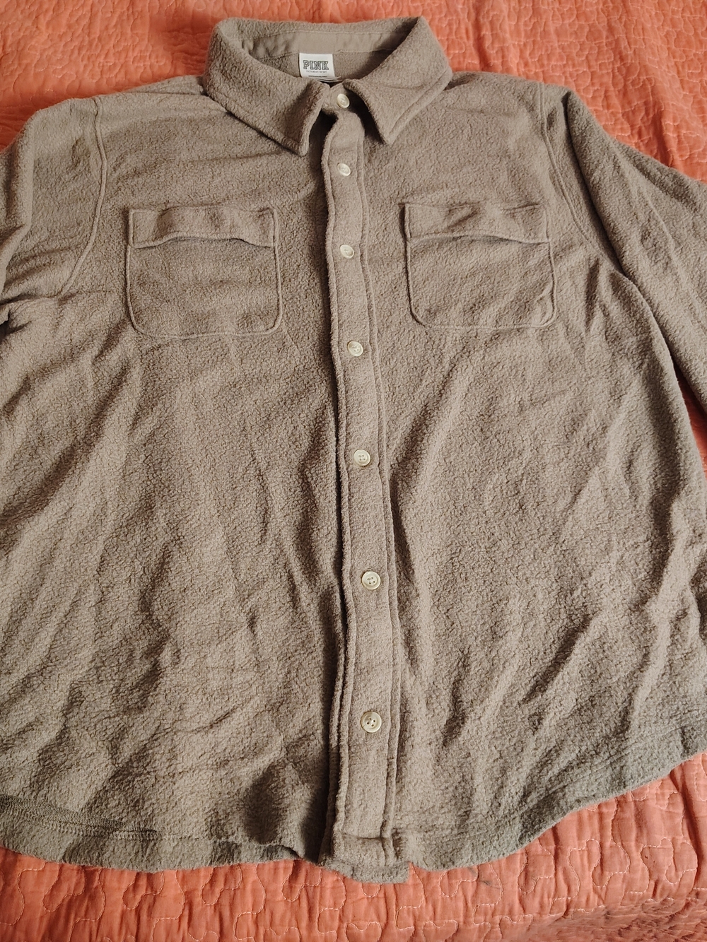 PINK Victoria's Secret Men's Taupe Button-Up Fleece Shirt Jacket